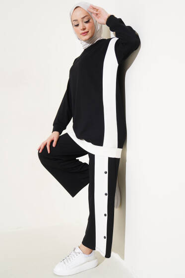Loyşa Şerit Detaylı İkili Takım Siyah - İkili Takım