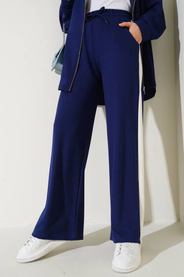 Loyşa Şeritli Bel Lastikli Pantolon Lacivert - Pantolon