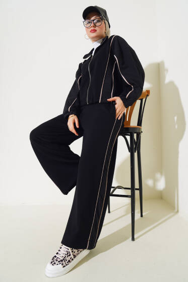 Loyşa Şeritli Garnili Hırka İkili Takım Siyah - İkili Takım