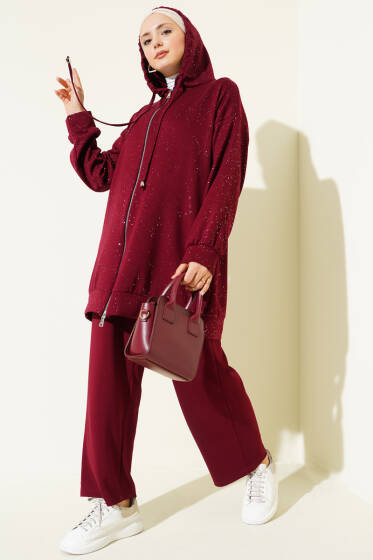 Loyşa Sim Detaylı Kapüşonlu İkili Takım Bordo - İkili Takım