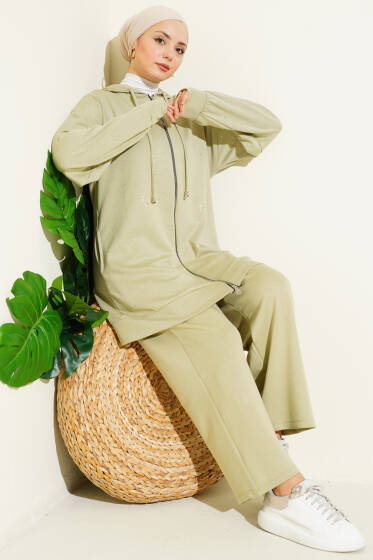 Loyşa Sim Detaylı Kapüşonlu İkili Takım Çağla Yeşili - İkili Takım