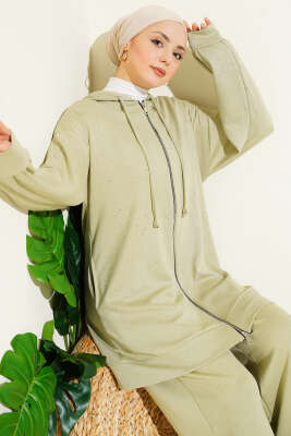 Loyşa Sim Detaylı Kapüşonlu İkili Takım Çağla Yeşili - İkili Takım