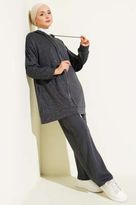 Loyşa Sim Detaylı Kapüşonlu İkili Takım Füme - NESSİA