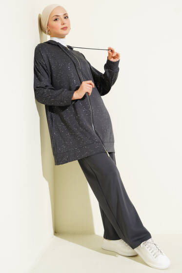Loyşa Sim Detaylı Kapüşonlu İkili Takım Füme - İkili Takım