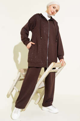 Loyşa Sim Detaylı Kapüşonlu İkili Takım Kahve - NESSİA