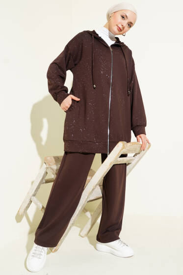 Loyşa Sim Detaylı Kapüşonlu İkili Takım Kahve - İkili Takım