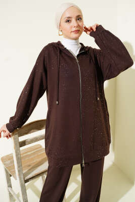 Loyşa Sim Detaylı Kapüşonlu İkili Takım Kahve - İkili Takım