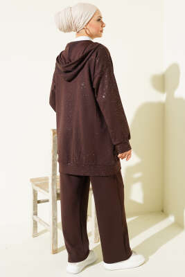 Loyşa Sim Detaylı Kapüşonlu İkili Takım Kahve - İkili Takım