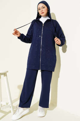 Loyşa Sim Detaylı Kapüşonlu İkili Takım Lacivert - İkili Takım