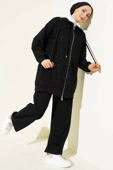 Loyşa Sim Detaylı Kapüşonlu İkili Takım Siyah - İkili Takım