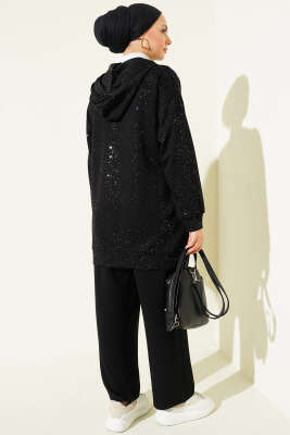 Loyşa Sim Detaylı Kapüşonlu İkili Takım Siyah - İkili Takım