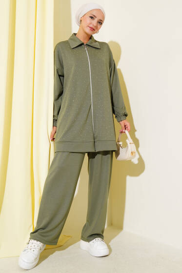Loyşa Taş Süslemeli Fermuarlı İkili Takım Çağla Yeşili - İkili Takım