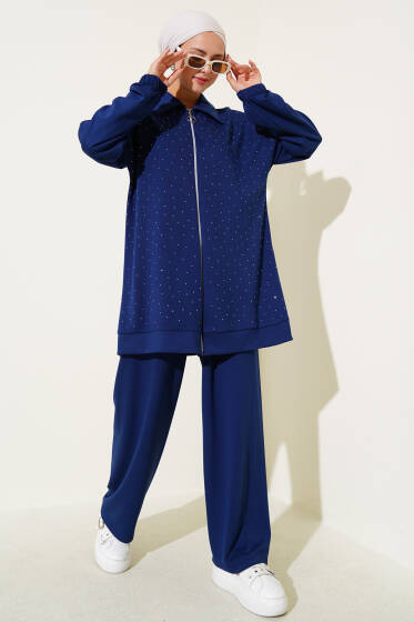 Loyşa Taş Süslemeli Fermuarlı İkili Takım Lacivert - İkili Takım