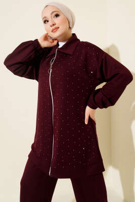 Loyşa Taş Süslemeli Fermuarlı İkili Takım Mürdüm - İkili Takım