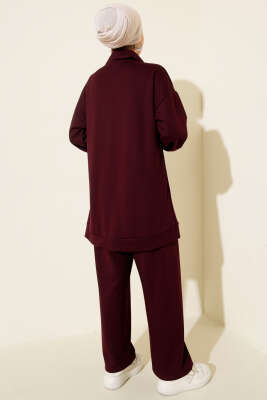 Loyşa Taş Süslemeli Fermuarlı İkili Takım Mürdüm - İkili Takım