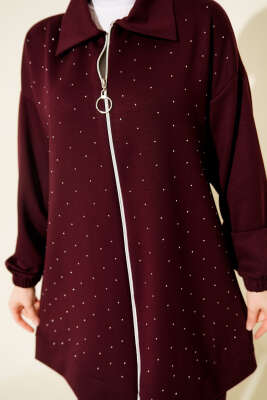 Loyşa Taş Süslemeli Fermuarlı İkili Takım Mürdüm - İkili Takım