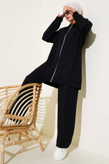 Loyşa Taş Süslemeli Fermuarlı İkili Takım Siyah - İkili Takım
