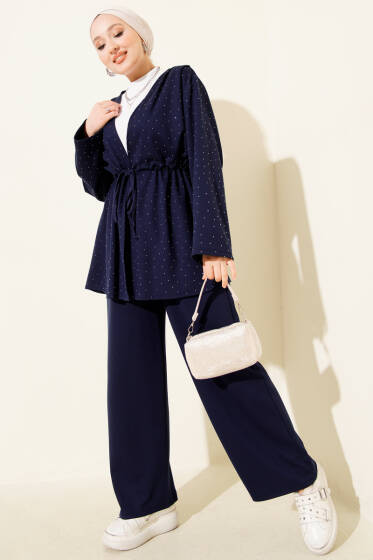 Loyşa Taşlı Bel Tünelli İkili Takım Lacivert - İkili Takım