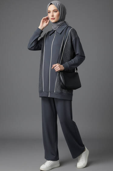 Loyşa Taşlı Fermuarlı İkili Takım Füme - İkili Takım