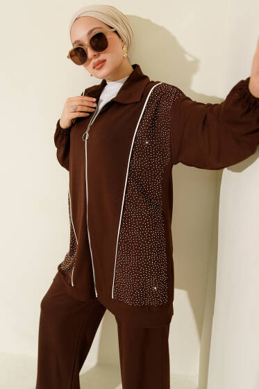 Loyşa Taşlı Fermuarlı İkili Takım Kahve - İkili Takım