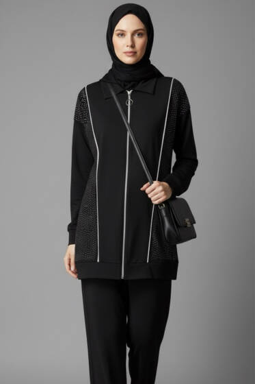 Loyşa Taşlı Fermuarlı İkili Takım Siyah - İkili Takım