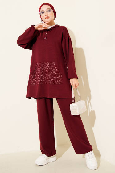 Loyşa Taşlı Kanguru Cepli İkili Takım Bordo - İkili Takım