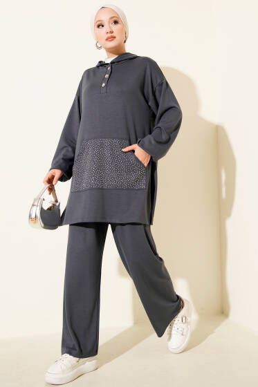 Loyşa Taşlı Kanguru Cepli İkili Takım Füme - İkili Takım