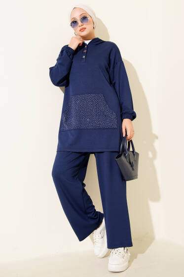 Loyşa Taşlı Kanguru Cepli İkili Takım Lacivert - İkili Takım