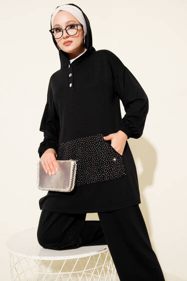 Loyşa Taşlı Kanguru Cepli İkili Takım Siyah - İkili Takım