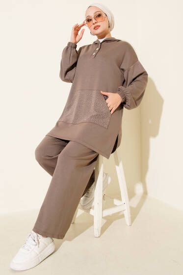 Loyşa Taşlı Kanguru Cepli İkili Takım Vizon - İkili Takım