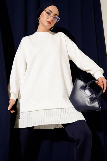 Loyşa Taşlı Piliseli Tunik Ekru - Tunik