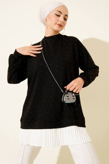 Loyşa Taşlı Piliseli Tunik Siyah - Tunik