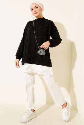 Loyşa Taşlı Piliseli Tunik Siyah - Tunik