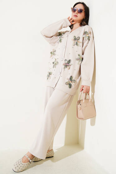Loyşa Tül Çiçekli Hırka İkili Takım Bej - İkili Takım