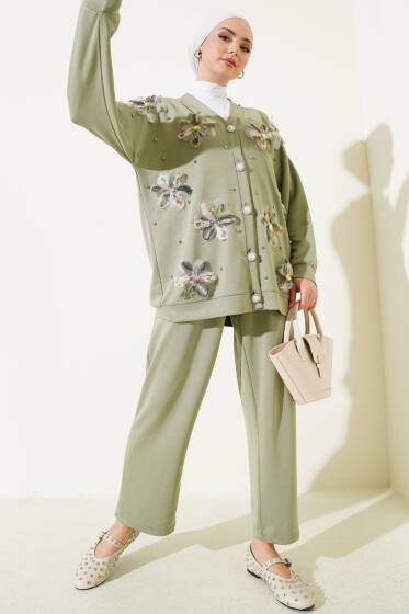 Loyşa Tül Çiçekli Hırka İkili Takım Çağla Yeşili - İkili Takım