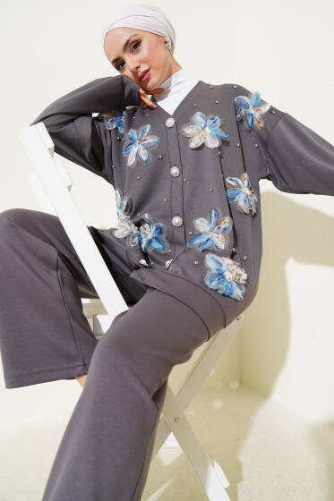 Loyşa Tül Çiçekli Hırka İkili Takım Füme - İkili Takım