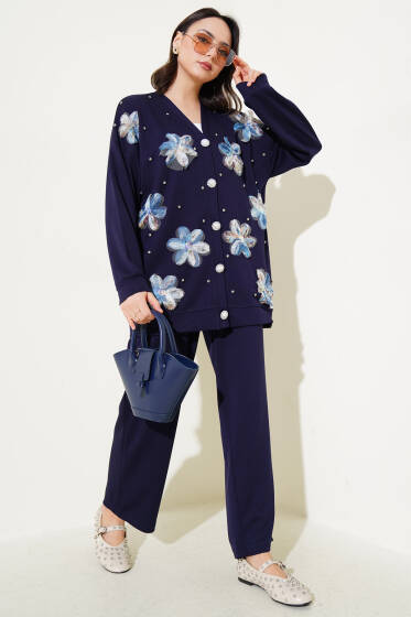 Loyşa Tül Çiçekli Hırka İkili Takım Lacivert - İkili Takım