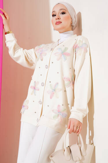 Loyşa Tül Çiçekli Taşlı Hırka Ekru - Hırka