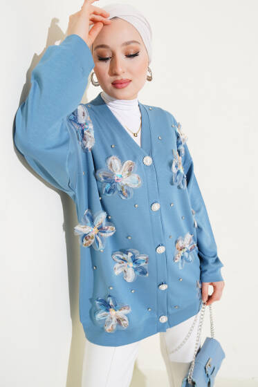 Loyşa Tül Çiçekli Taşlı Hırka Mavi - Hırka