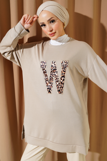 Loyşa W Leopar Nakışlı Tunik Bej - Tunik