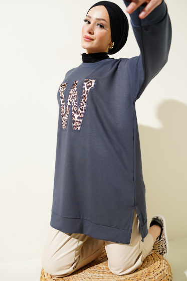 Loyşa W Leopar Nakışlı Tunik Füme - Tunik