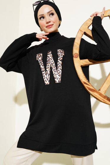 Loyşa W Leopar Nakışlı Tunik Siyah - Tunik