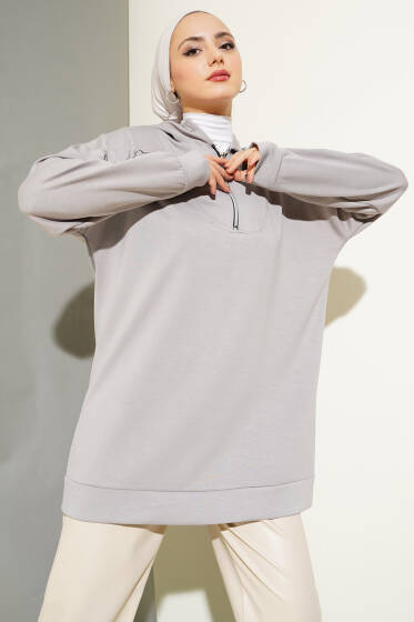 Loyşa Yakası Fermuarlı Tunik Gri - Tunik