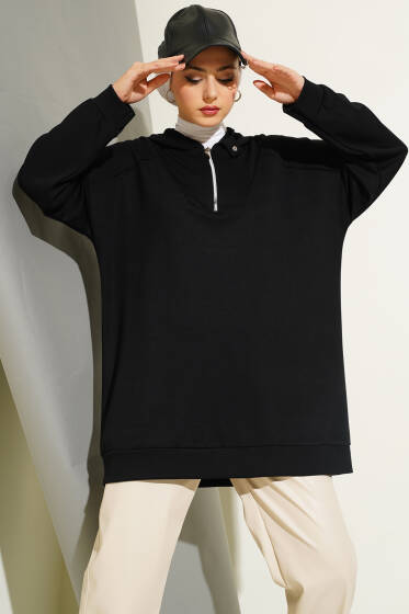 Loyşa Yakası Fermuarlı Tunik Siyah - Tunik