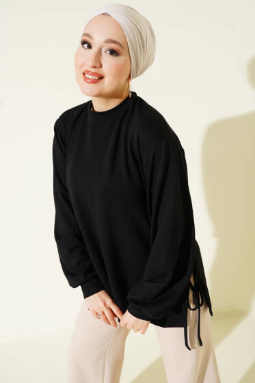 Loyşa Yan İp Bağlamalı Tunik Siyah - Yılın Fırsatı