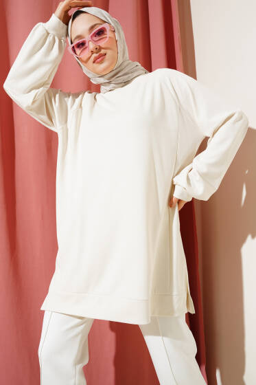 Loyşa Yan Parçalı Basic Tunik Ekru - Tunik