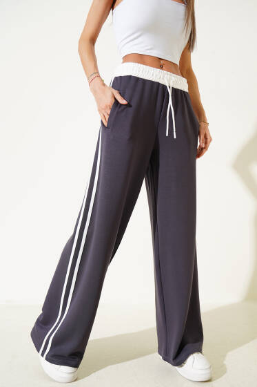 Loyşa Yan Şeritli Bel İpli Pantolon Füme - Kadın Giyim Modelleri
