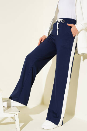 Loyşa Yan Şeritli Bel Lastikli Pantolon Lacivert - Pantolon