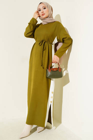 Loyşa Yan Şeritli Elbise Yağ Yeşili - Elbise