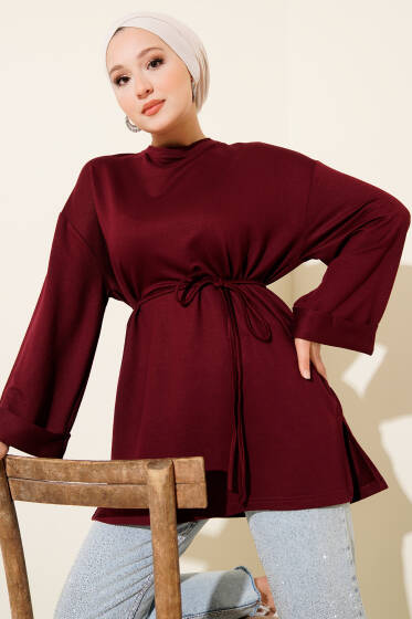Loyşa Yan Yırtmaçlı Kuşaklı Tunik Bordo - Tunik